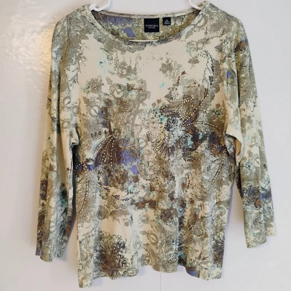 SONOMA XL Embellished Paisley Ribbed Knit Top 3/4 Sleeve Boho Shimmer
